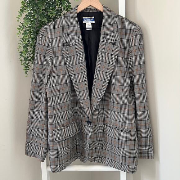 Vintage Pendleton Plaid 100% virgin Wool Blazer Black Brown m Womens 14 Jacket - Picture 1 of 16